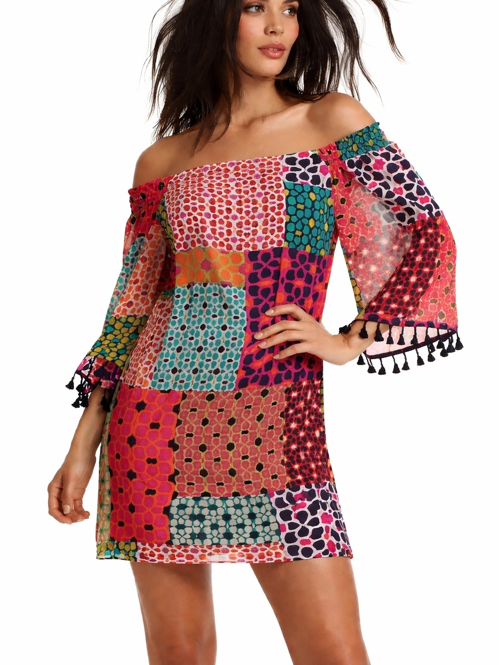 Trina Turk Multicolor Patchwork Silk Blend Off-Shoulder Mini Dress Boho Glam Sz2